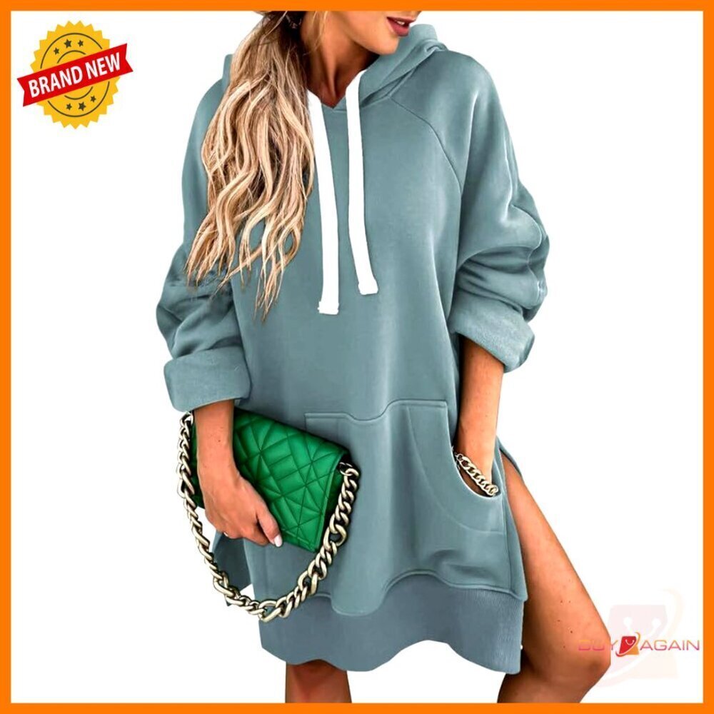 Oversized Hoodie Dress Split Hem Drawstring Long Sleeve Casual Pullover